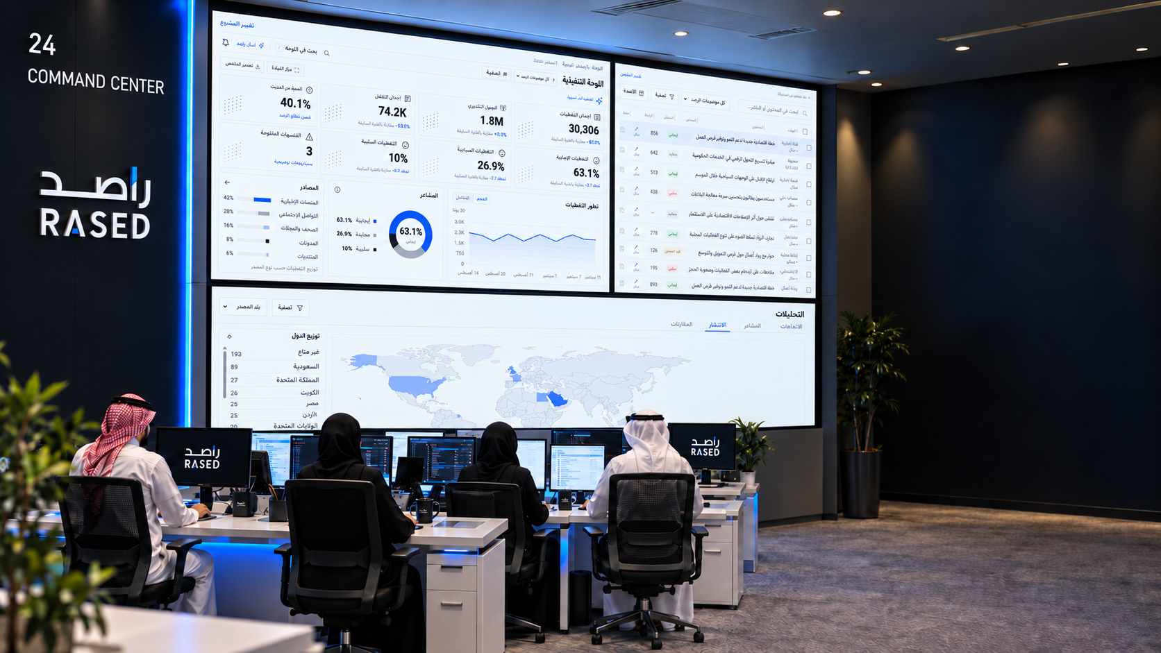 Rased monitoring room concept showing dashboards, coverage and a geographic map; screens illustrate the Arabic interface